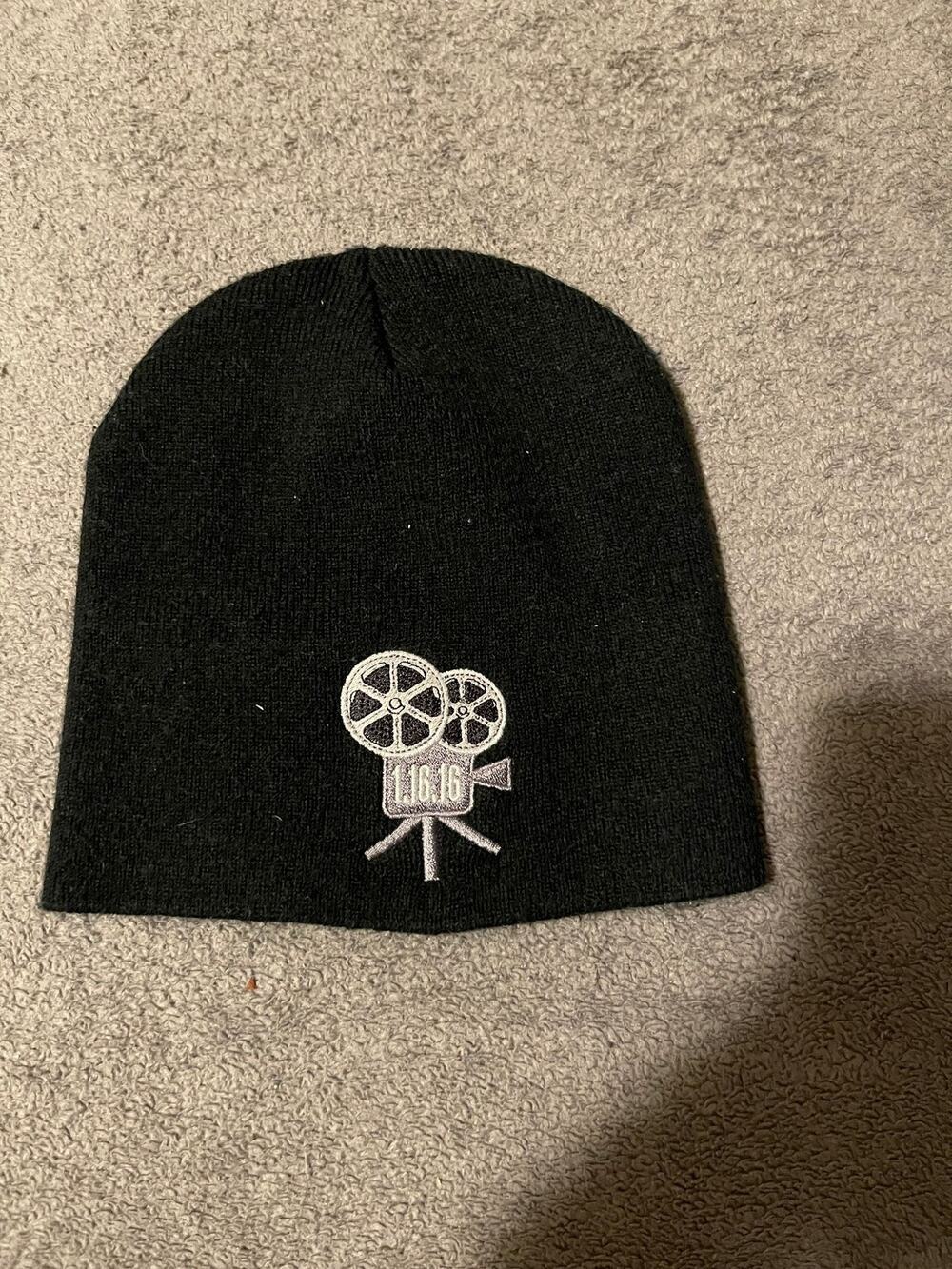 Black Beanie Hat Unisex One Size Film Projector Embroidered Logo Winter Knit